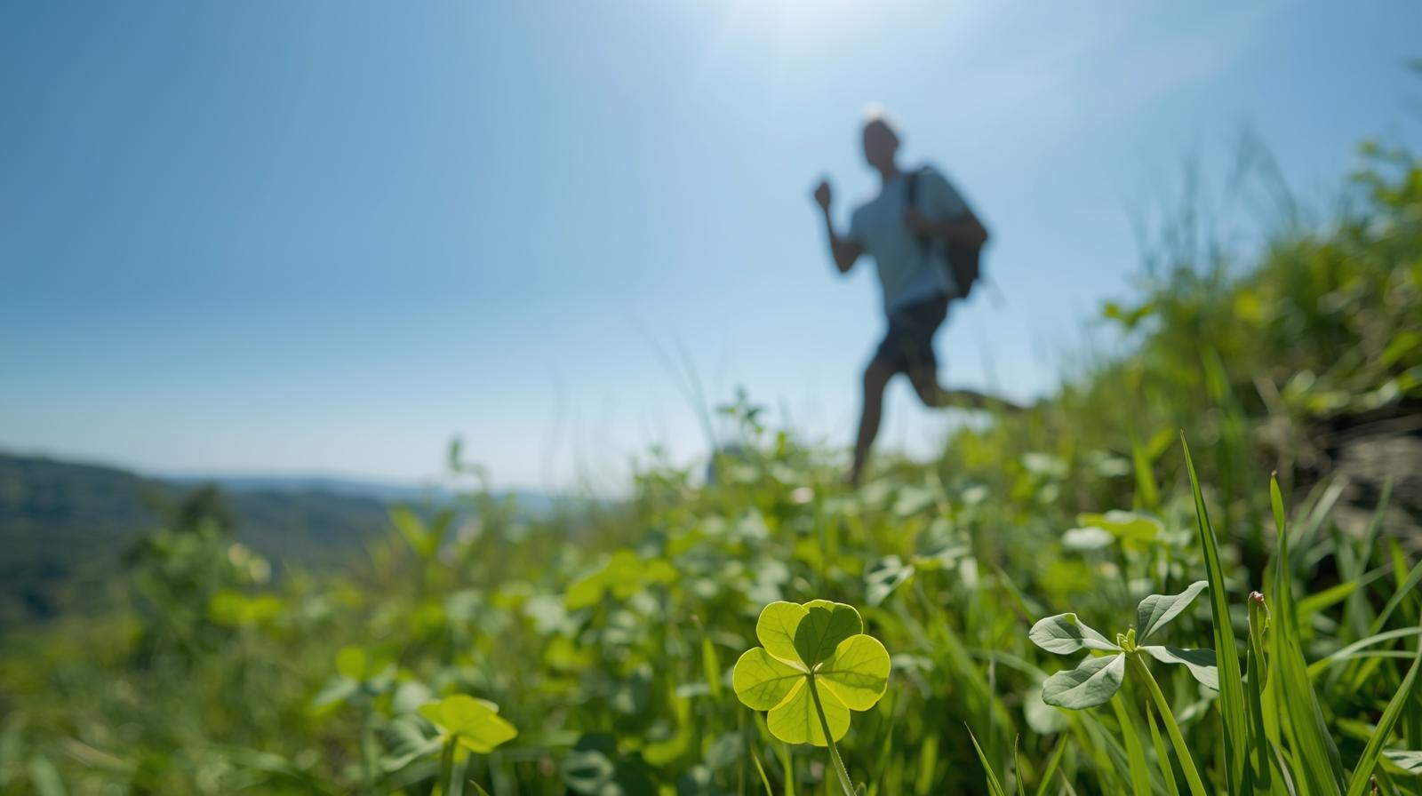 Active man in green shirt running in natural outdoor setting with four-leaf clover representing health and vitality after early detection