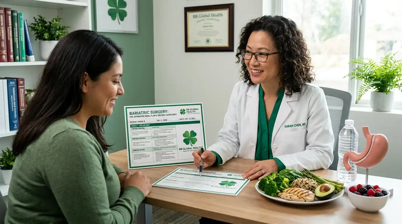 BB Global Health registered dietitian Sarah Chen showing bariatric surgery pre-operative dietary guidelines document with four-leaf clover logo to patient in green-themed consultation room