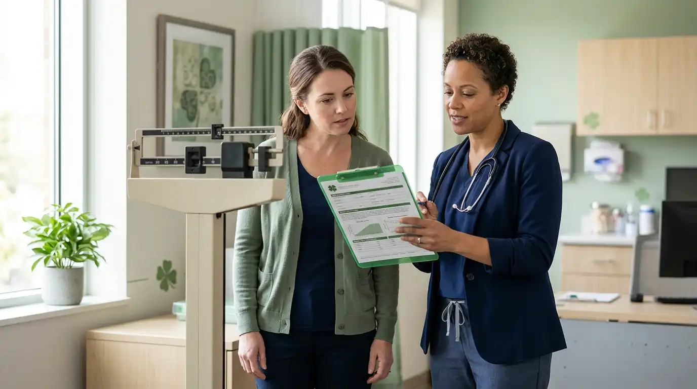 Doctor reviewing BMI, weight scale findings, and health risk notes with a patient in a bright green clinic featuring four-leaf clover details