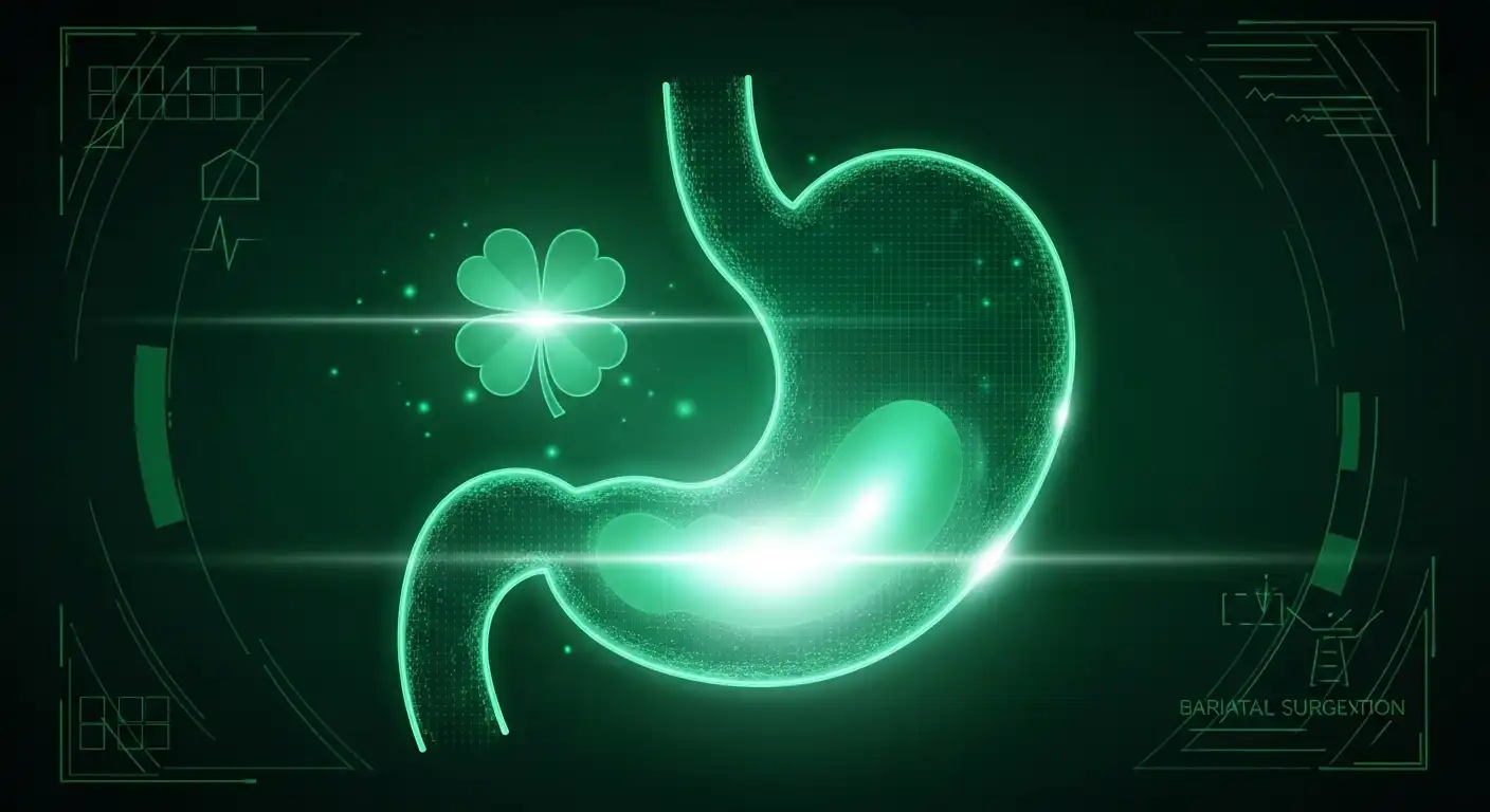 Medical outline of a stomach demonstrating gastric sleeve reduction in green tones with a four-leaf clover symbol