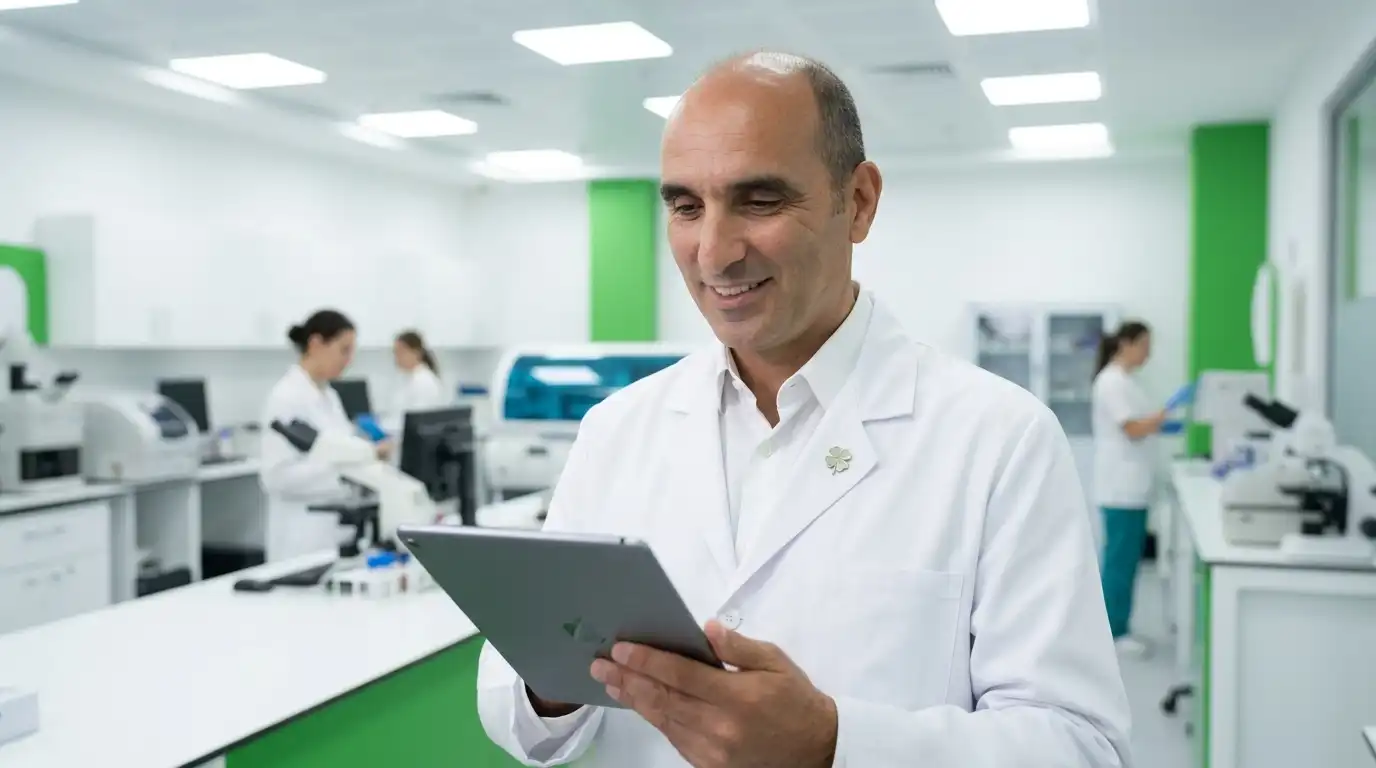 Happy bariatric surgery patient in post-surgery follow-up meeting with doctor in sage green office with four-leaf clover decor