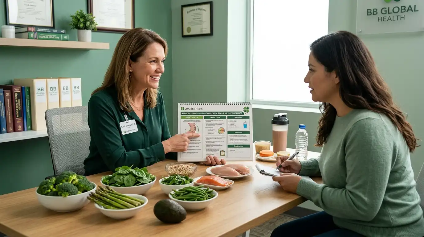 Nutritionist presenting pre-operative bariatric meal plan with fresh green vegetables, salmon, avocado, and healthy foods on table to female patient in BB Global Health green-themed office