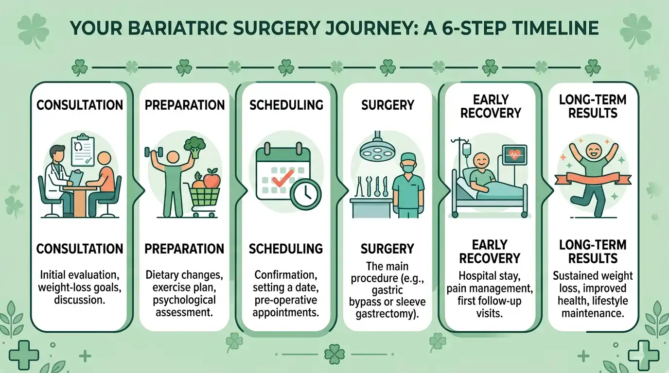 Bariatric surgery 6-step journey timeline infographic showing consultation, preparation, scheduling, surgery, early recovery, and long-term results on a soft green background with four-leaf clover accents