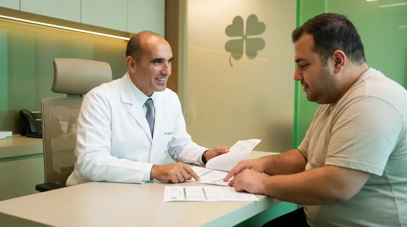 Bariatric surgery specialist in white coat reviewing medical documents with overweight male patient at desk in modern green-accented clinic with four-leaf clover logo on glass wall