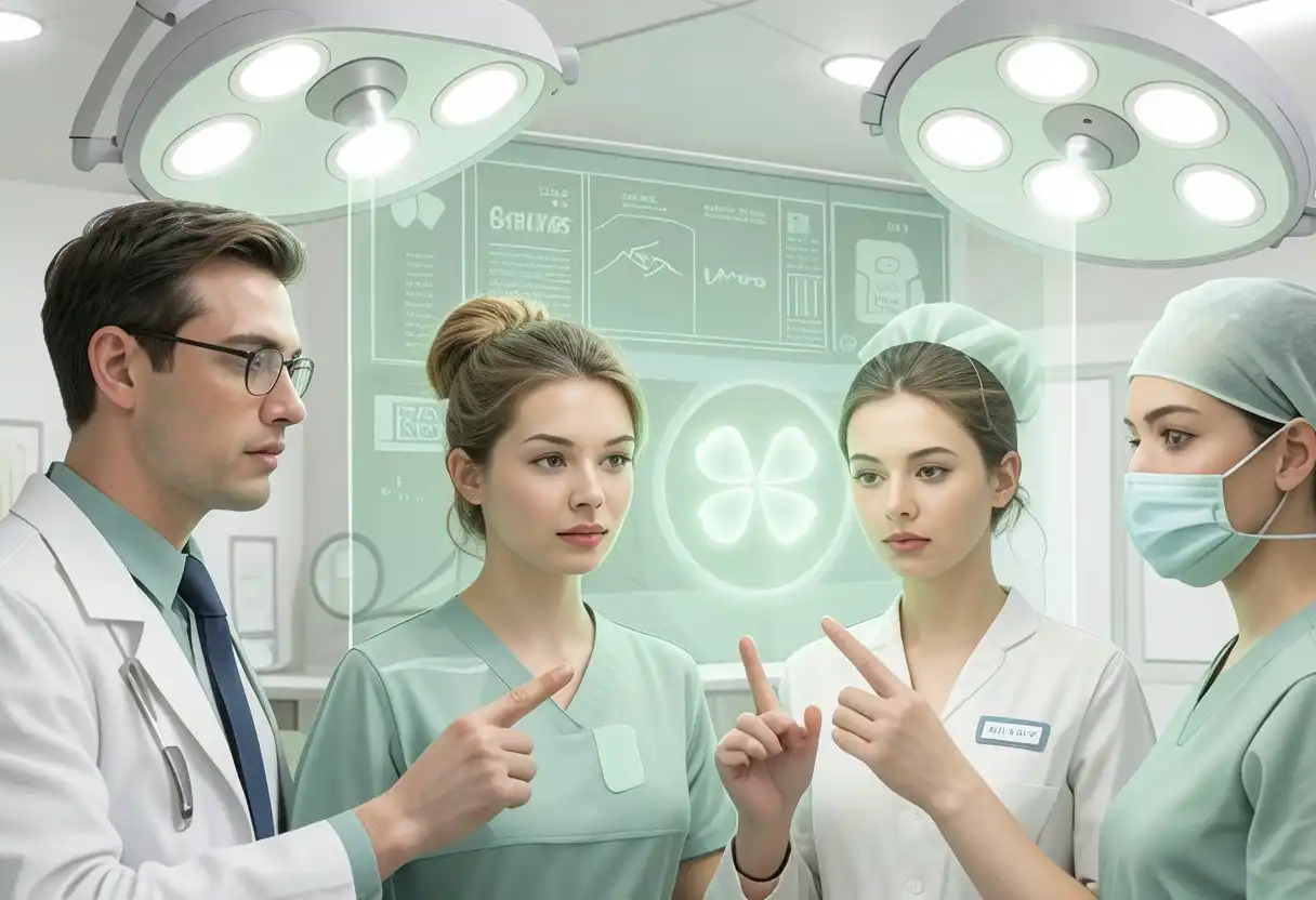 Modern international hospital reception of BB Global Health with elegant green tones and four-leaf clover wall art