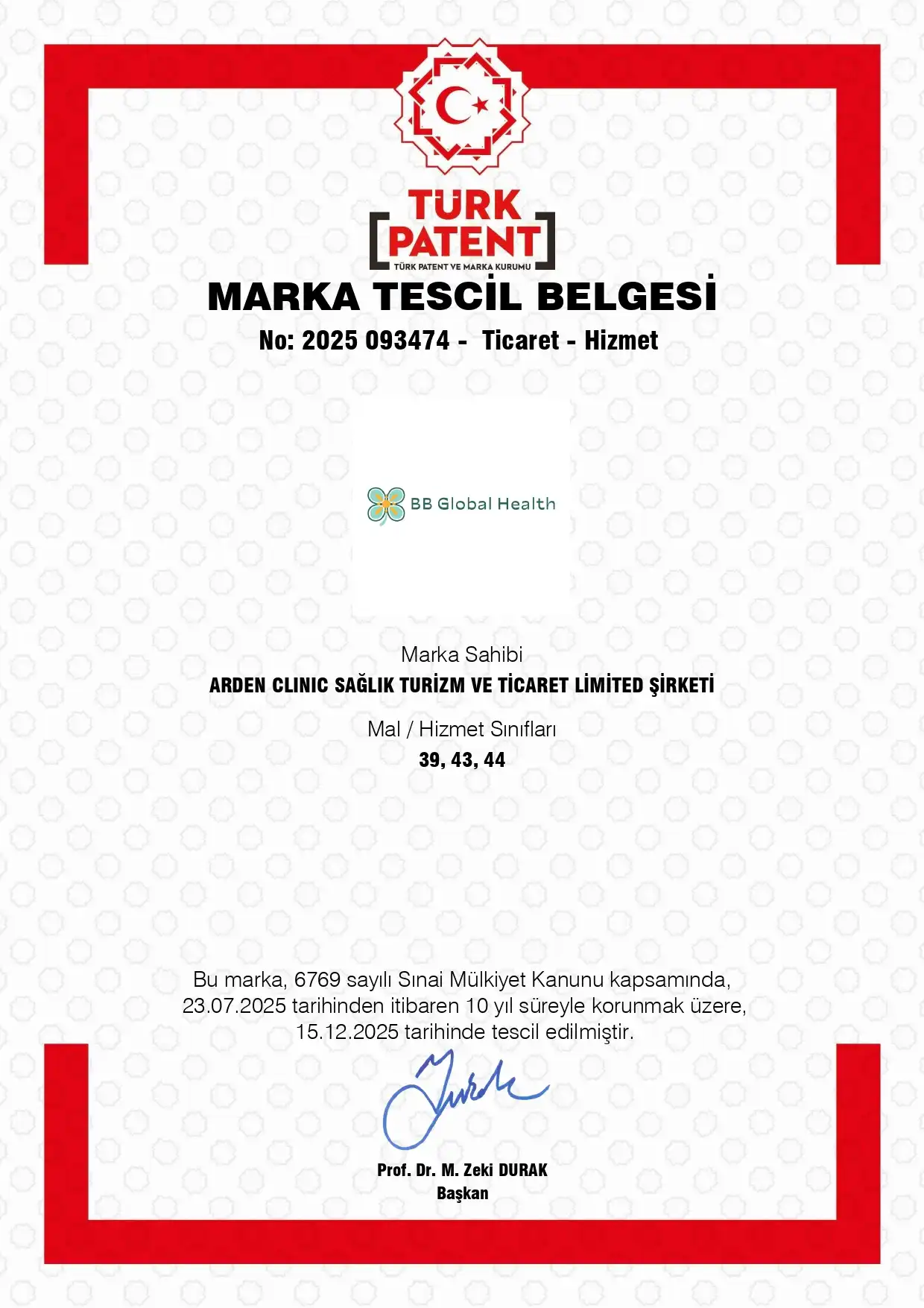 BB Global Health Marka Tescil Belgesi