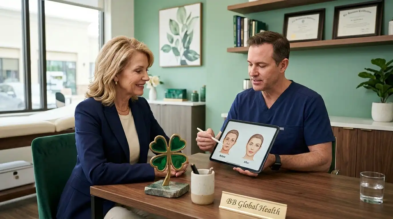 BB Global Health surgeon consulting with female patient showing facelift before and after illustrations on a tablet with BB Global Health nameplate and four-leaf clover trophy on the desk