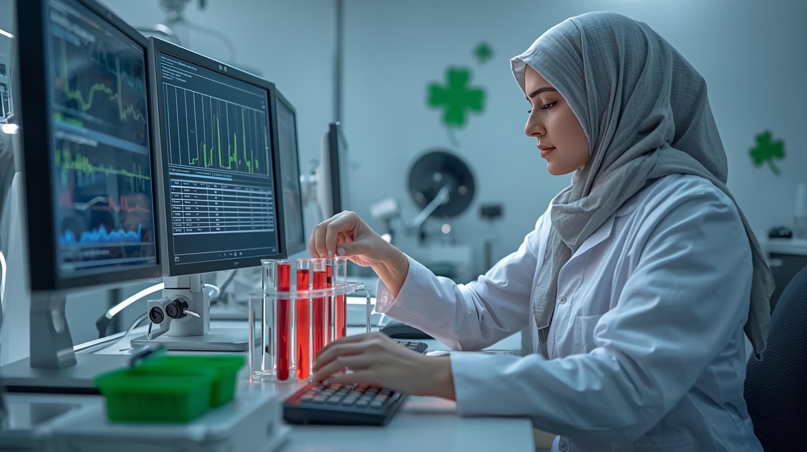 Medical laboratory technician analyzing blood test samples in tubes with modern automated equipment and computer screens in Turkish hospital, green medical accessories