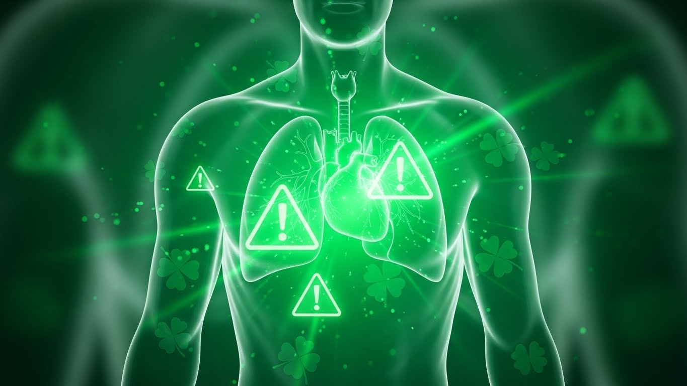 Human body silhouette with glowing warning alert symbols around chest and abdomen area on green background with four-leaf clover patterns representing digestive warning signs