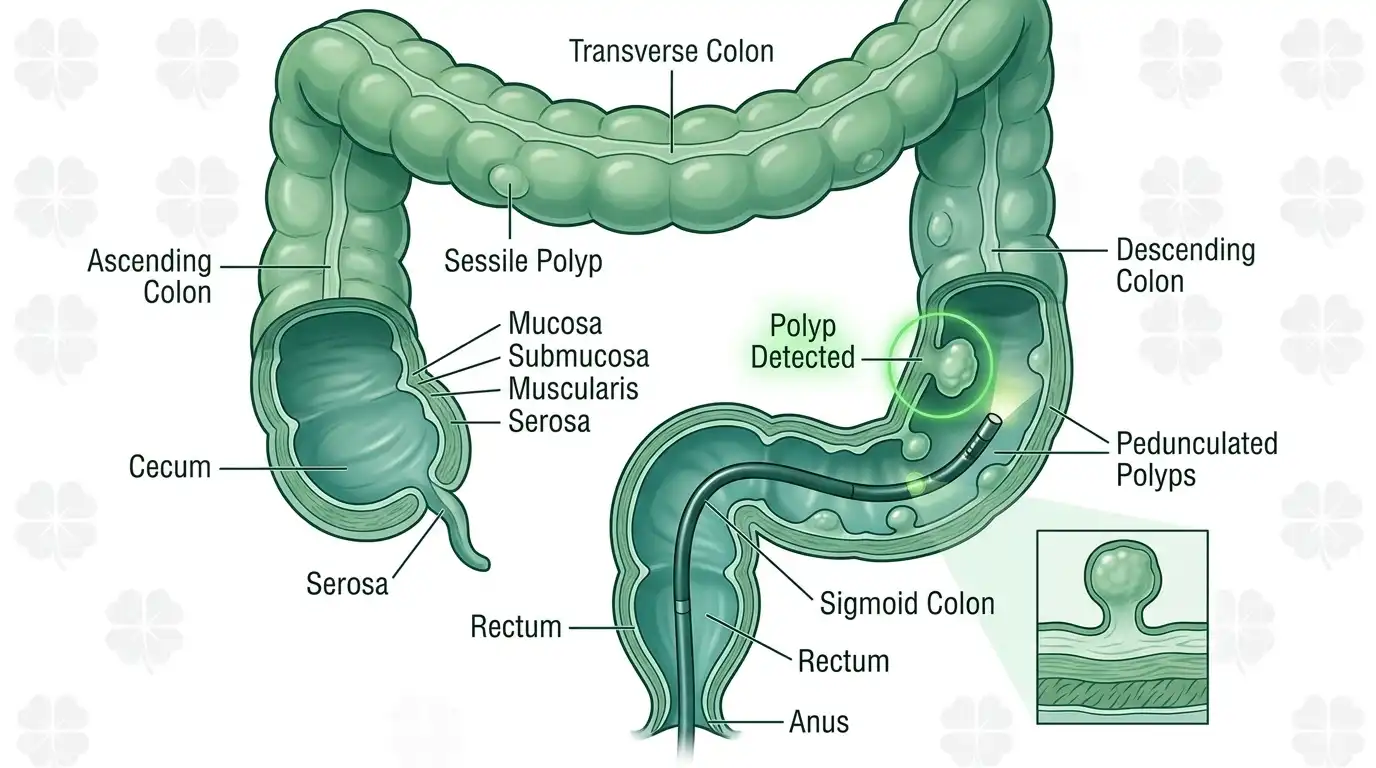 Detailed medical illustration of colon and rectum cross-section showing polyp detection, sessile and pedunculated polyps labeled, green color scheme with four-leaf clover watermark