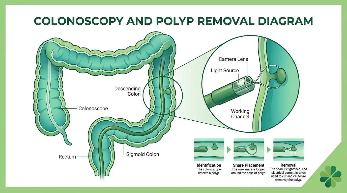 Diagram showing a colonoscope examining the colon and removing a polyp, with close-up steps of identification, snare placement and removal, in a green medical illustration with a four-leaf clover icon
