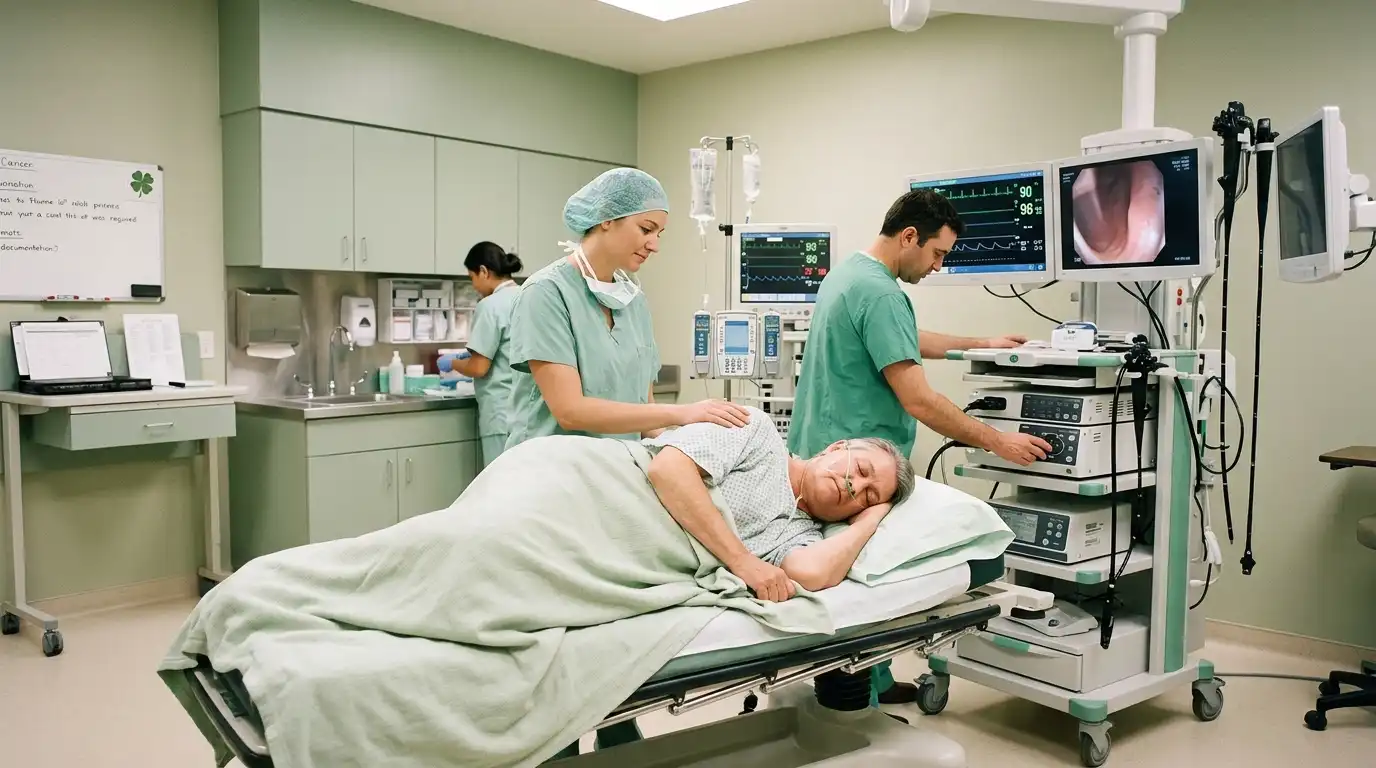 Patient resting comfortably under sedation during colonoscopy procedure, two medical staff in green scrubs attending with endoscopy monitors, sage green room with four-leaf clover on whiteboard