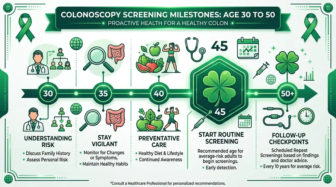 Colonoscopy screening milestones infographic showing age timeline from 30 to 50 plus with four-leaf clover symbol at age 45 marking start of routine screening, green theme with medical icons