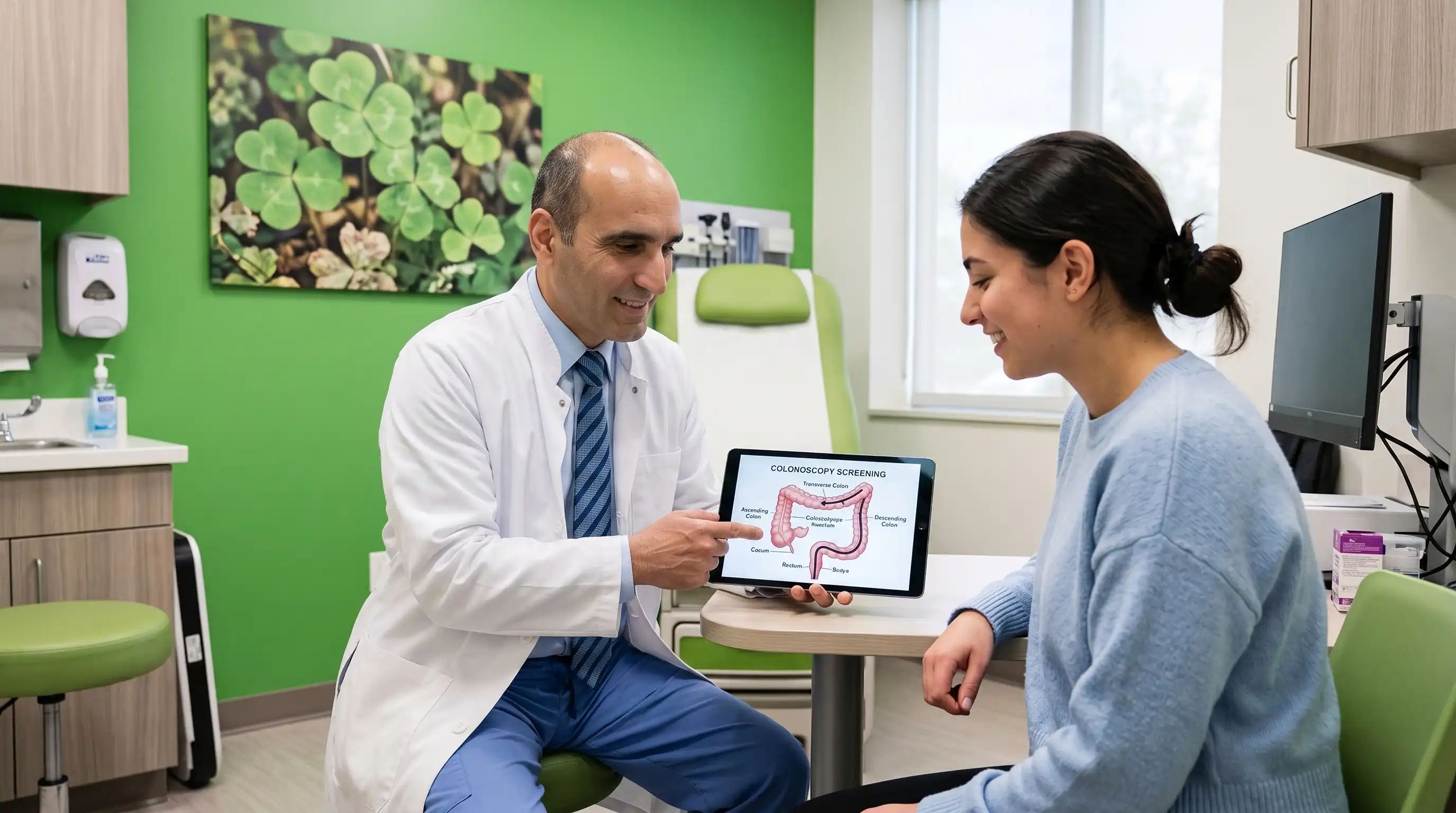 Gastroenterologist showing a colonoscopy screening diagram on a tablet to a young female patient in a bright green exam room with four-leaf clover artwork on the wall