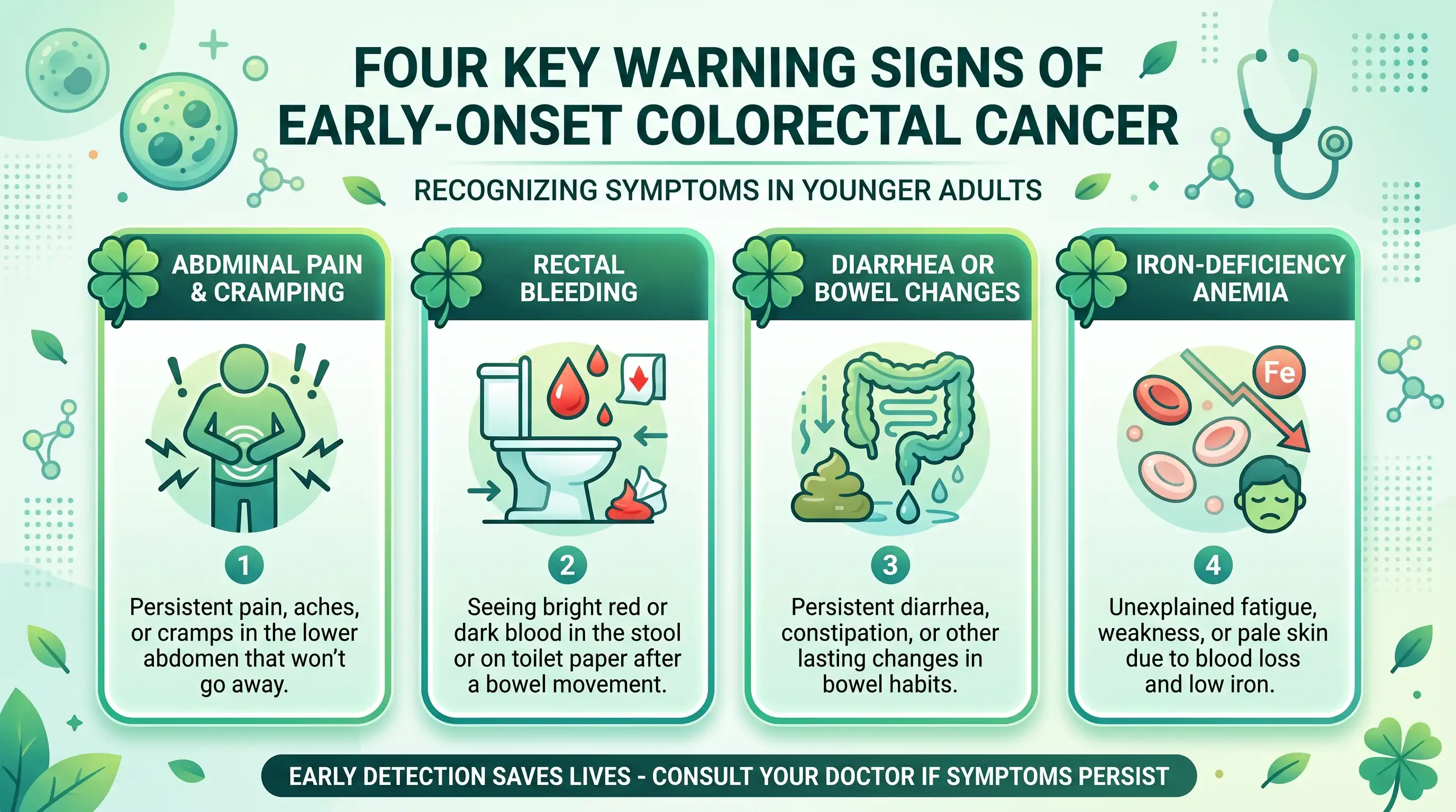Infographic listing the four key warning signs of early-onset colorectal cancer in younger adults, with green four-leaf clover icons beside abdominal pain, rectal bleeding, bowel changes and iron-deficiency anemia