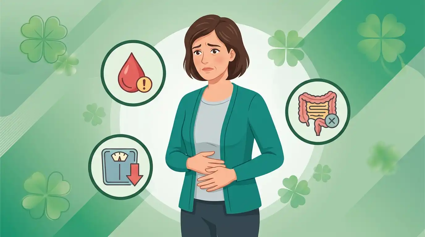 Illustrated woman holding abdomen in discomfort surrounded by warning icons including blood drop, weight scale, and colon symbol on a green background with four-leaf clovers