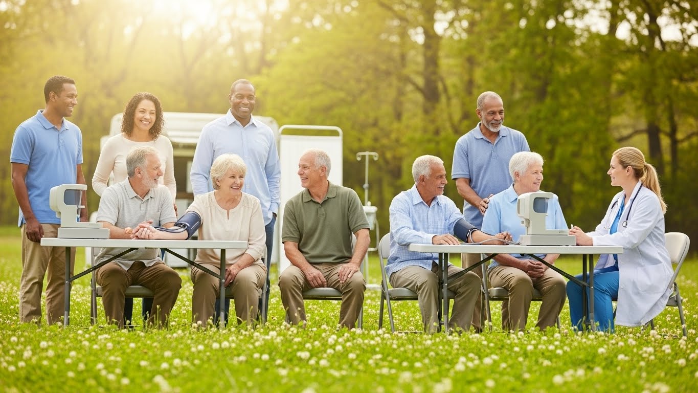 Diverse group of patients of various ages receiving outdoor community health screening with medical professionals in green nature setting