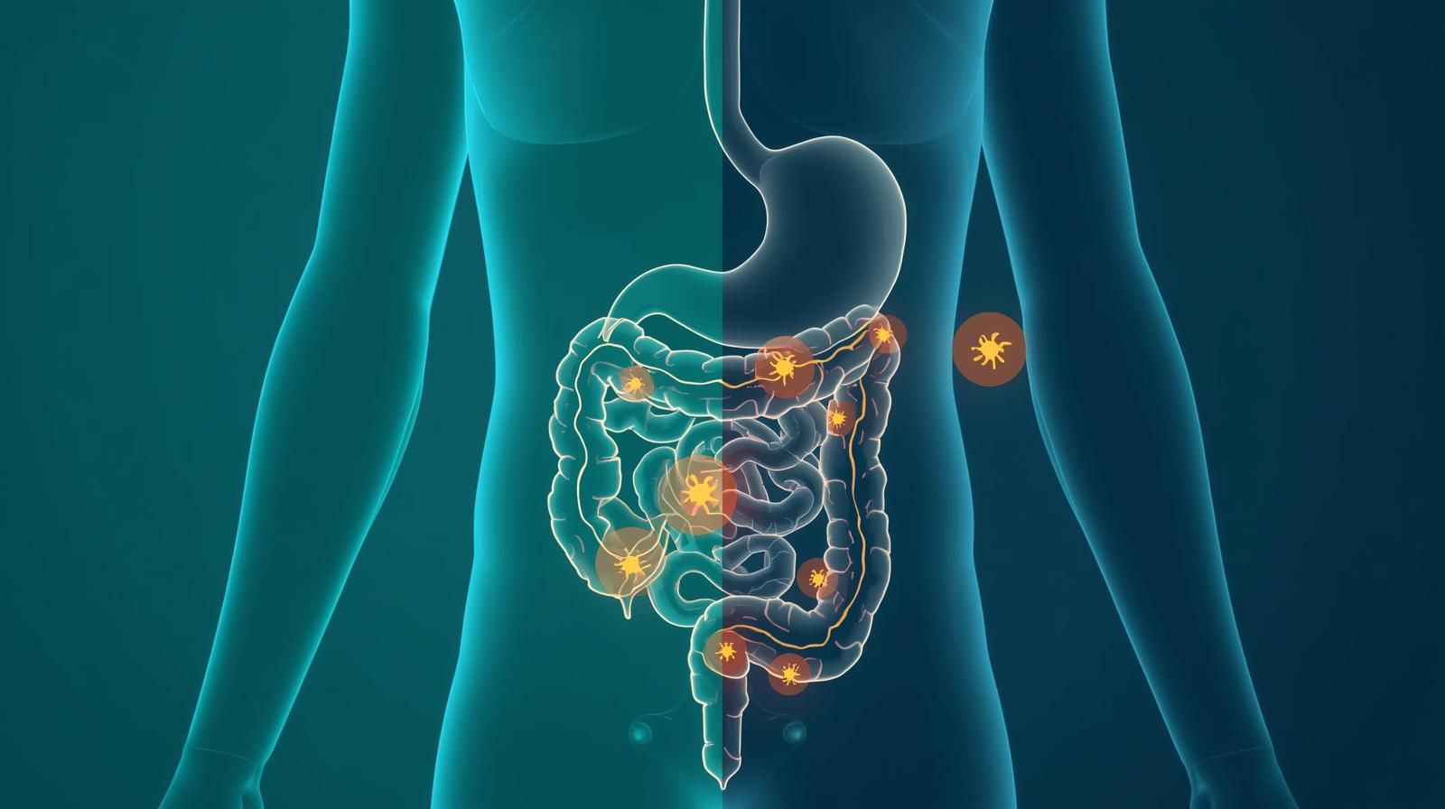 Medical illustration of the digestive system showing stomach and colon anatomy