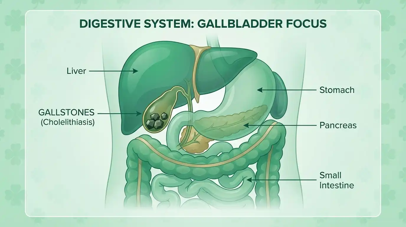Medical illustration of the digestive system focusing on the gallbladder with gallstones, featuring emerald green tones and a four-leaf clover motif