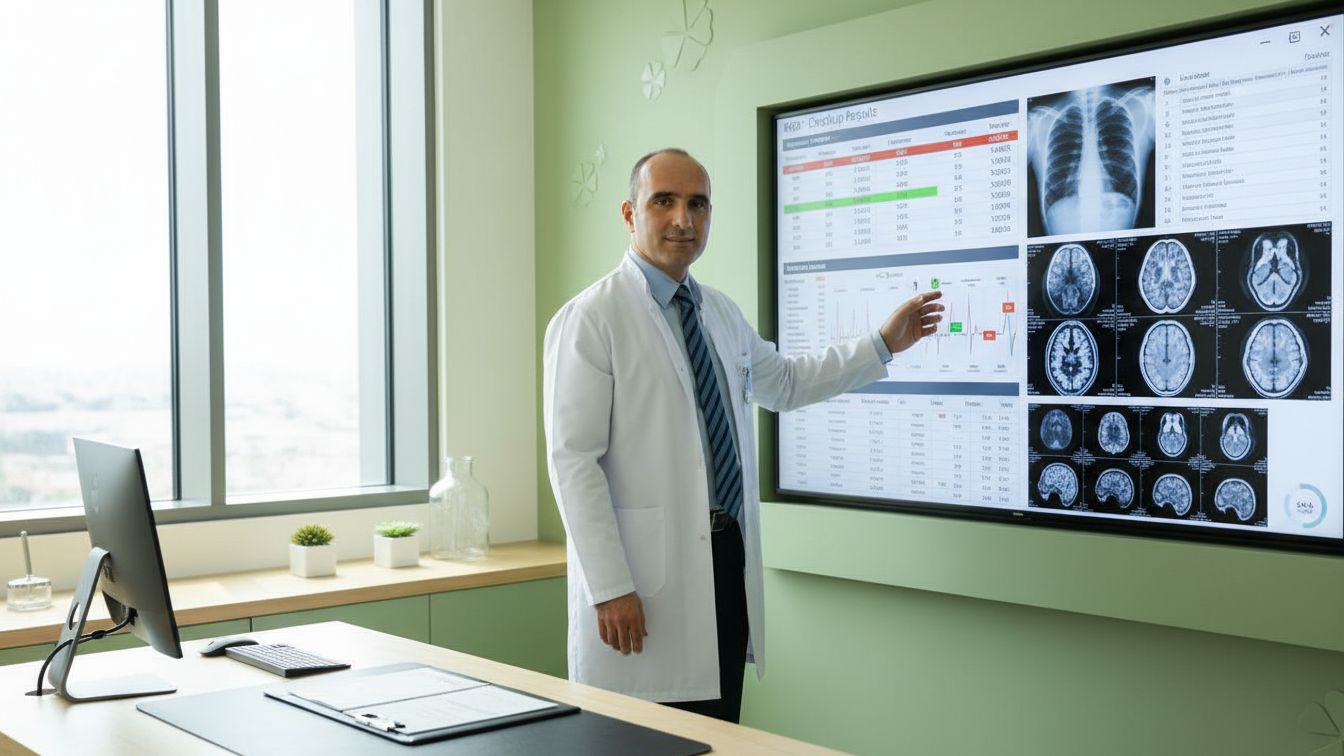 Doctor presenting comprehensive checkup results on large digital screen showing blood test reports, chest x-ray and brain CT scans in modern green consultation office in Turkey