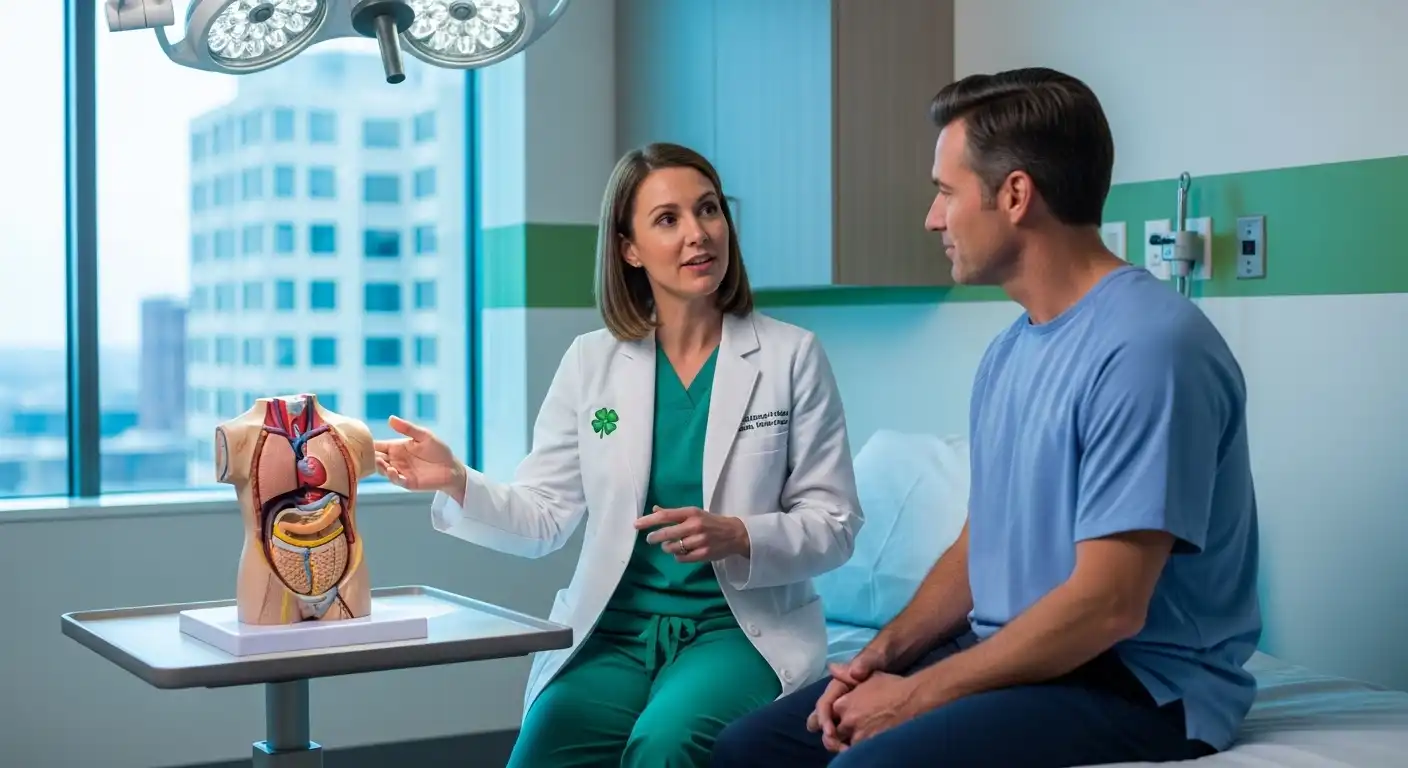 Surgeon explaining gallbladder surgery procedure to a patient in a modern hospital setting