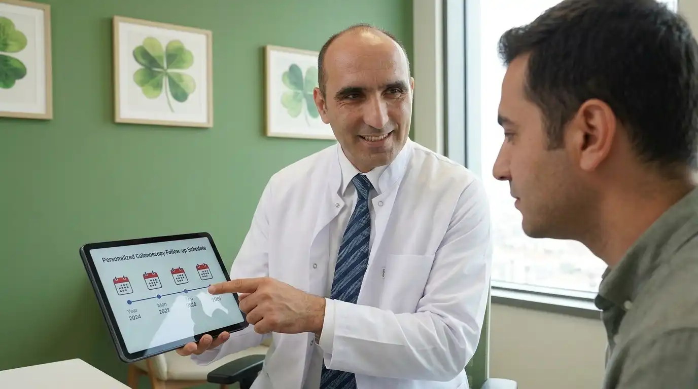 Doctor explaining a personalized colonoscopy follow-up schedule with calendar milestones on a tablet to a patient in a green consultation room with four-leaf clover artwork on the wall