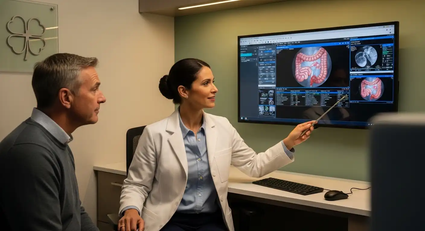 Female gastroenterologist explaining colonoscopy imaging results on digital screen to a male patient in a modern sage green office with four-leaf clover symbol on glass panel