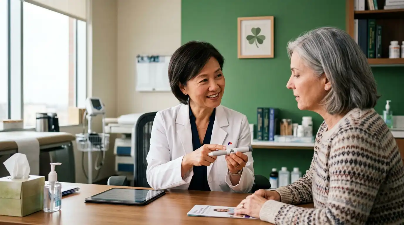 Doctor explaining a GLP-1 injection pen to an older female patient during a weight loss consultation in a green clinic room with a four-leaf clover wall decoration