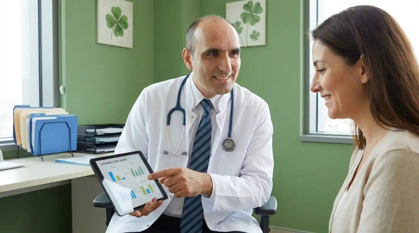 Doctor explaining laboratory test results with bar charts on a tablet to a smiling patient in a green consultation room with four-leaf clover framed pictures on the wall