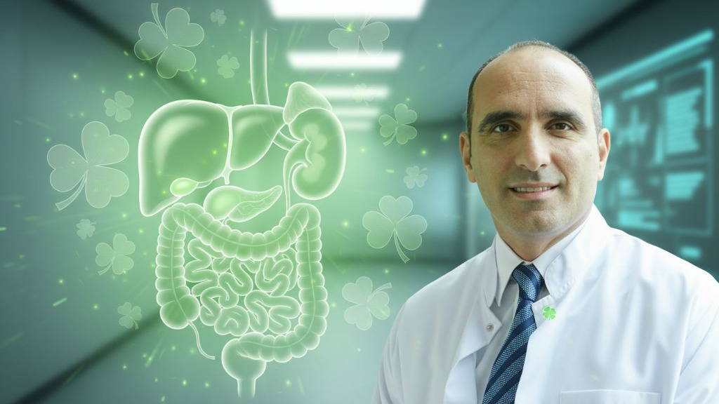 Professional doctor in white coat standing in modern hospital corridor with green themed background and digestive system illustration with four-leaf clover medical healthcare consultation