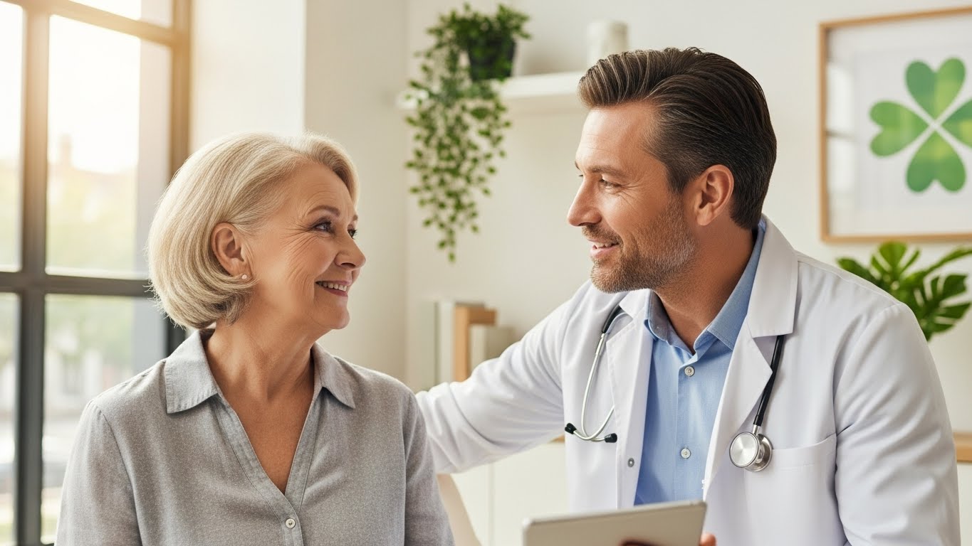 Smiling senior female patient consulting with caring doctor in bright modern clinic with green plants and four-leaf clover artwork representing positive healthcare experience