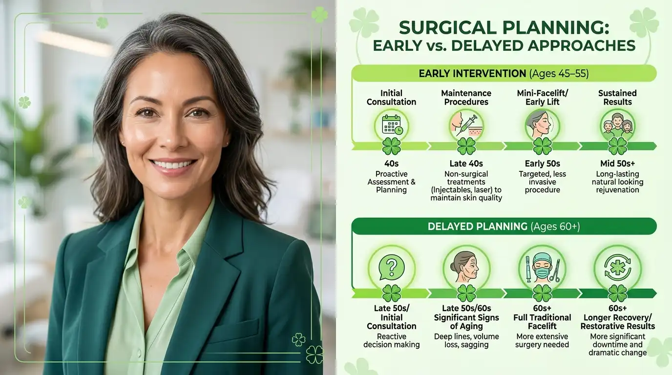 Doctor showing a smiling female patient facelift before and after outcomes on a monitor screen labeled E. Miller age 62, in a green-accented medical consultation room with four-leaf clover artwork