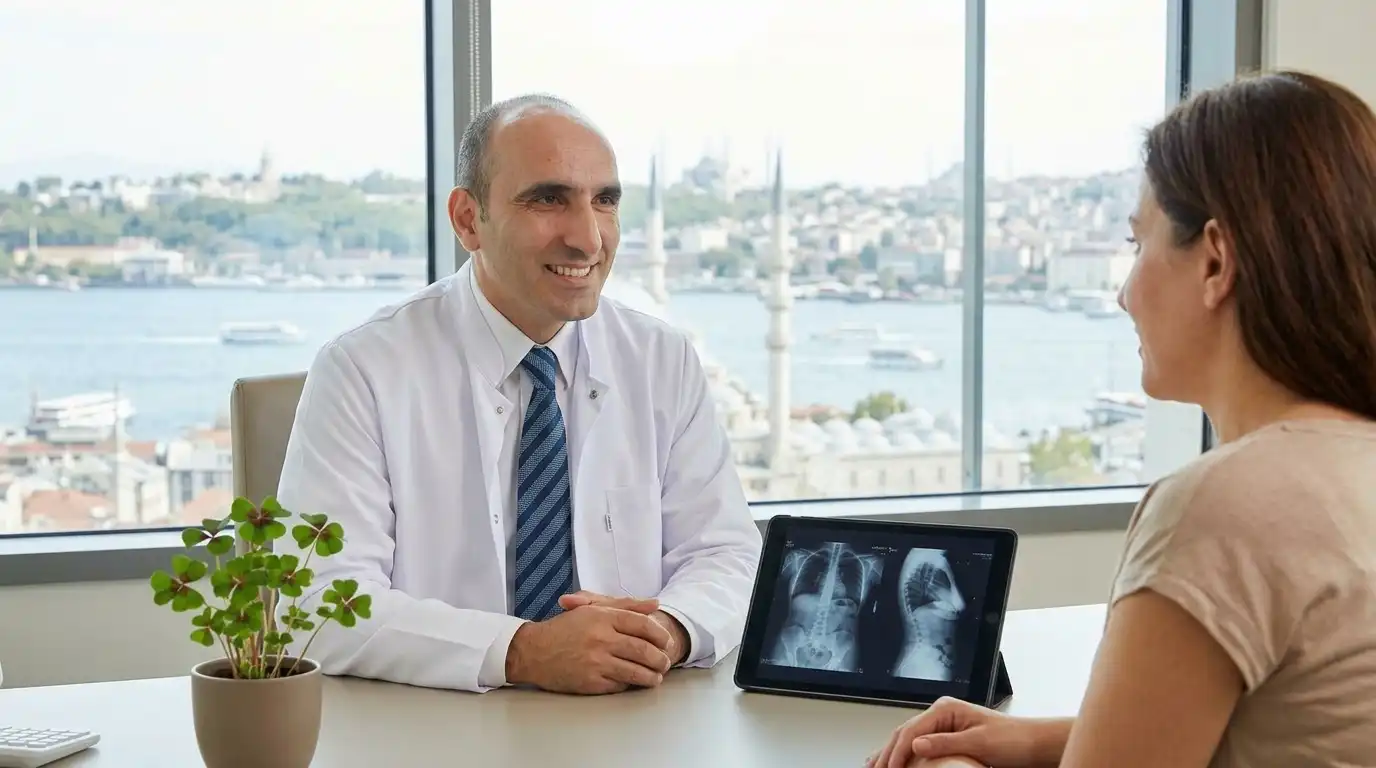 Doctor and international female patient reviewing personalized treatment plan documents together at a desk with four-leaf clover plants, Bosphorus bridge and Istanbul skyline glowing in golden-hour light through the window