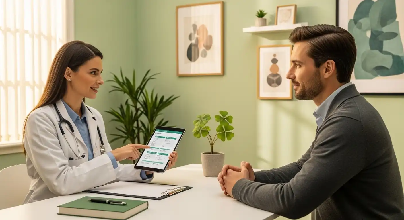 Doctor consulting patient about weight-loss treatments in a modern clinic with green decor and four-leaf clover