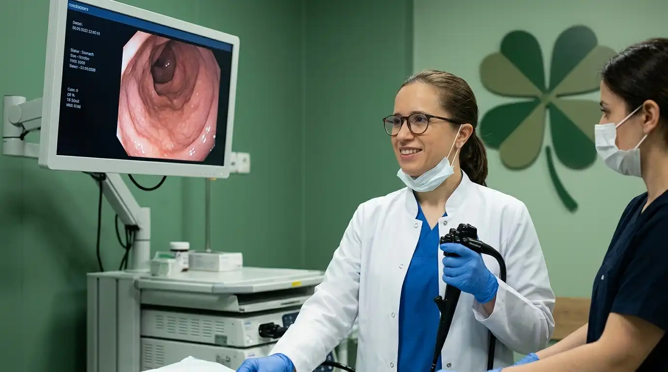 Gastroenterologist performing an upper endoscopy procedure with the stomach lining visible on a monitor, green endoscopy suite with a four-leaf clover wall decoration