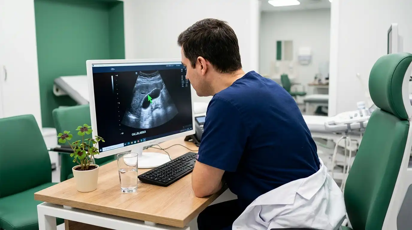 Healthcare professional in a modern clinic reviewing a gallbladder ultrasound scan on a screen, with green decor and a four-leaf clover plant