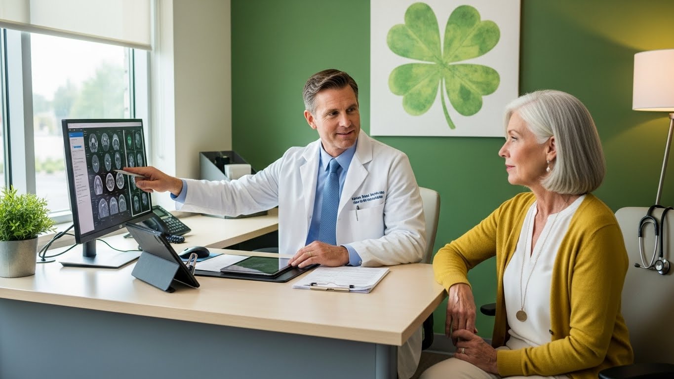 Doctor reviewing medical reports folder in modern green medical office with large four-leaf clover wall decoration, professional healthcare consultation environment