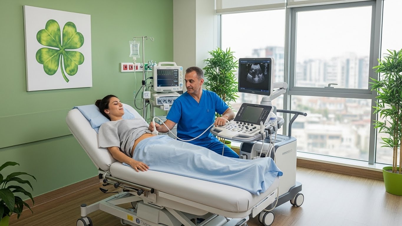 Doctor performing ultrasound examination on patient in modern Turkish hospital room with advanced medical equipment, large windows, green walls and four-leaf clover artwork