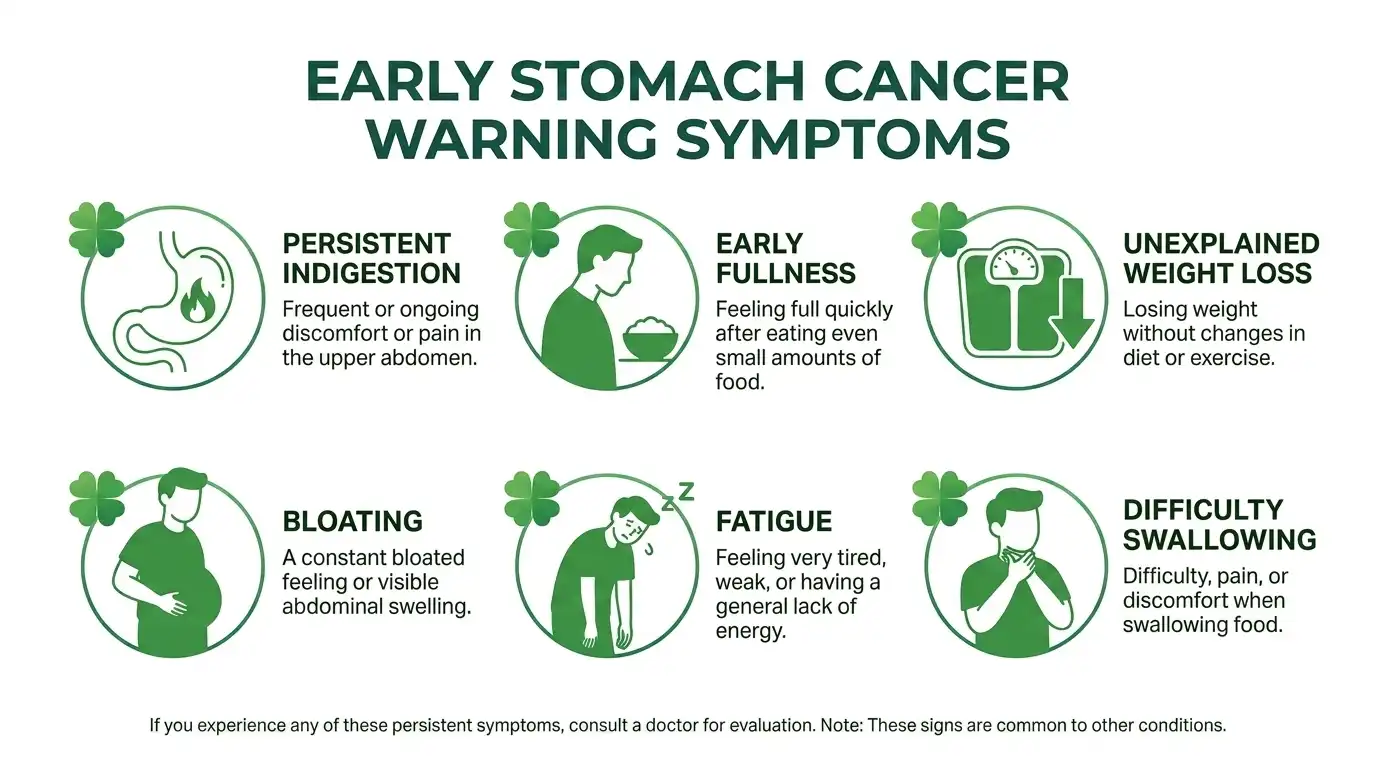 Infographic listing early stomach cancer warning symptoms including persistent indigestion, early fullness, unexplained weight loss, bloating, fatigue and difficulty swallowing, with green four-leaf clover icons