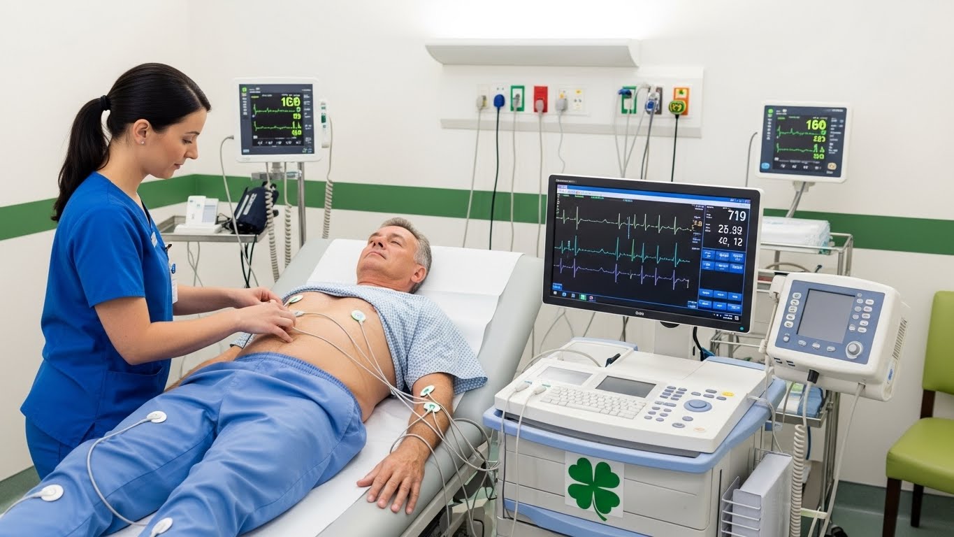 Medical professional performing electrocardiogram ECG test on patient with heart rhythm displayed on monitor screen, modern cardiology room with green accents and four-leaf clover symbol on equipment
