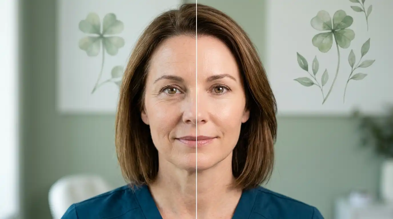 Split before and after portrait comparison of a middle-aged woman showing visible facial aging on the left and improved smoother skin after facelift on the right with four-leaf clover watercolor background
