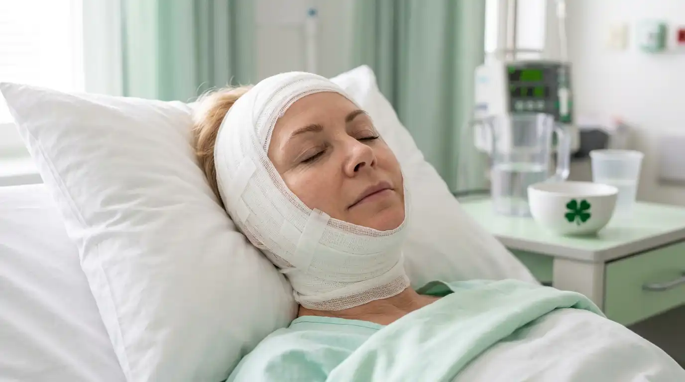 Woman with facelift bandages wrapped around face and head resting on white hospital pillow with mint green curtains and a four-leaf clover bowl on the bedside table