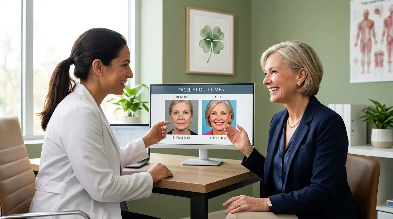 Surgical planning infographic comparing early intervention ages 45 to 55 versus delayed planning ages 60 plus with facelift timelines green four-leaf clover theme and smiling woman in green blazer