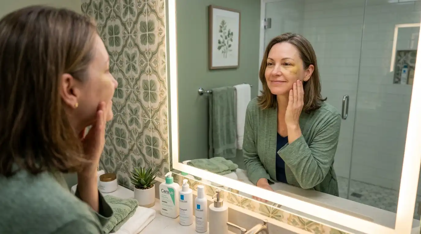 Woman examining her face closely in an illuminated bathroom mirror during facelift week two recovery with faint bruising visible, green clover-patterned tiles on wall and skincare products on counter
