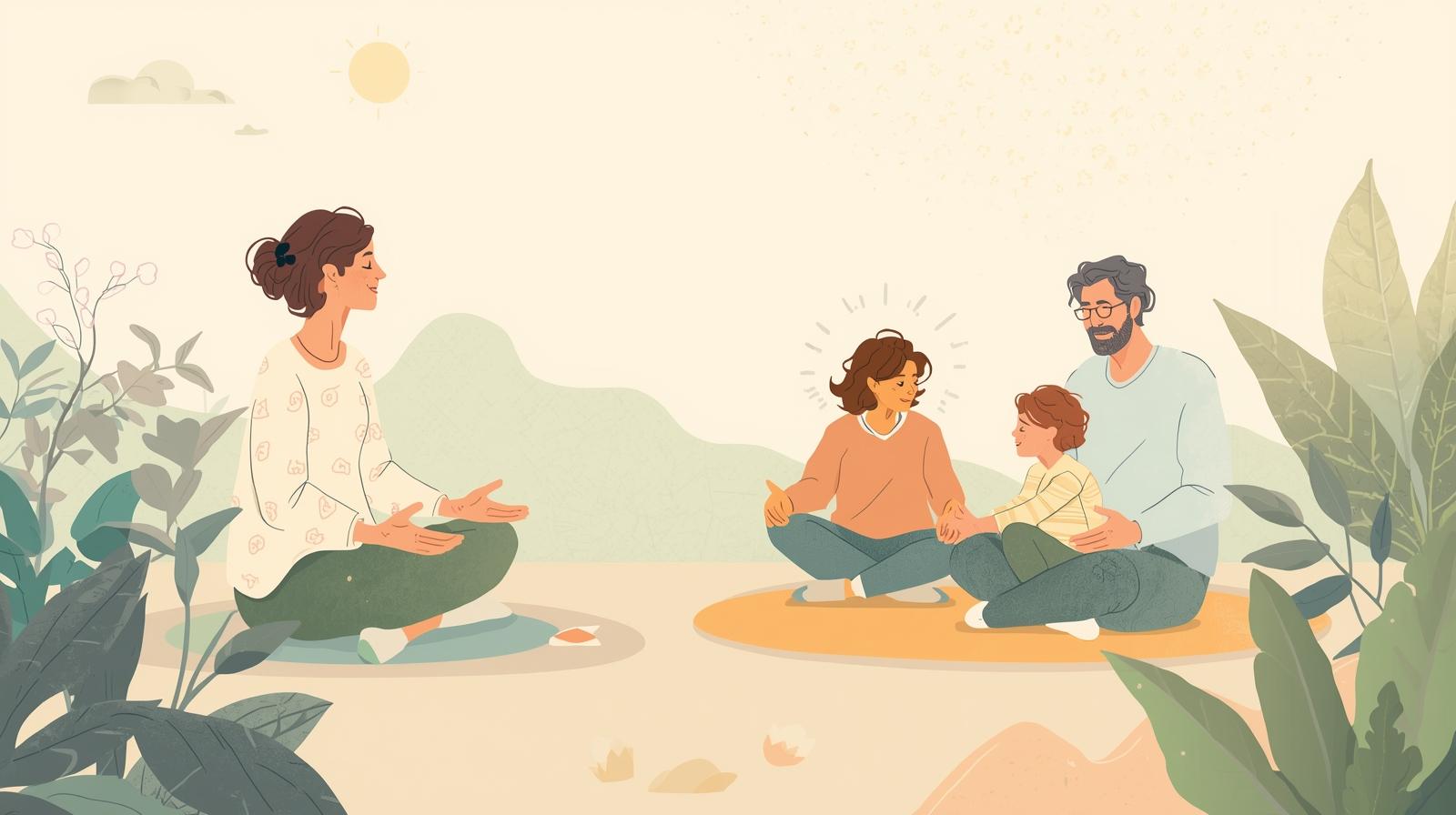 Peaceful family meditation and quiet conversation promoting emotional wellness