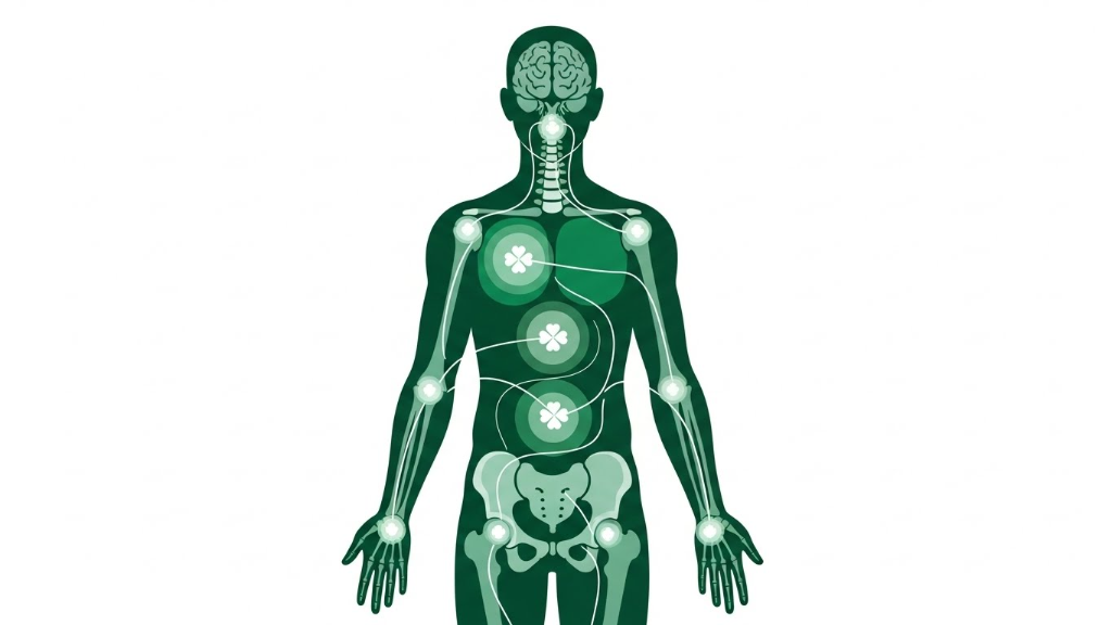 Medical illustration of human body silhouette showing MRI scan areas including brain, spine, chest, abdomen and joints with four-leaf clover symbols marking key regions on green background