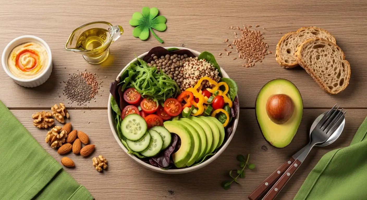 Balanced meal with healthy fats, vegetables, and fiber-rich foods on a table with green theme