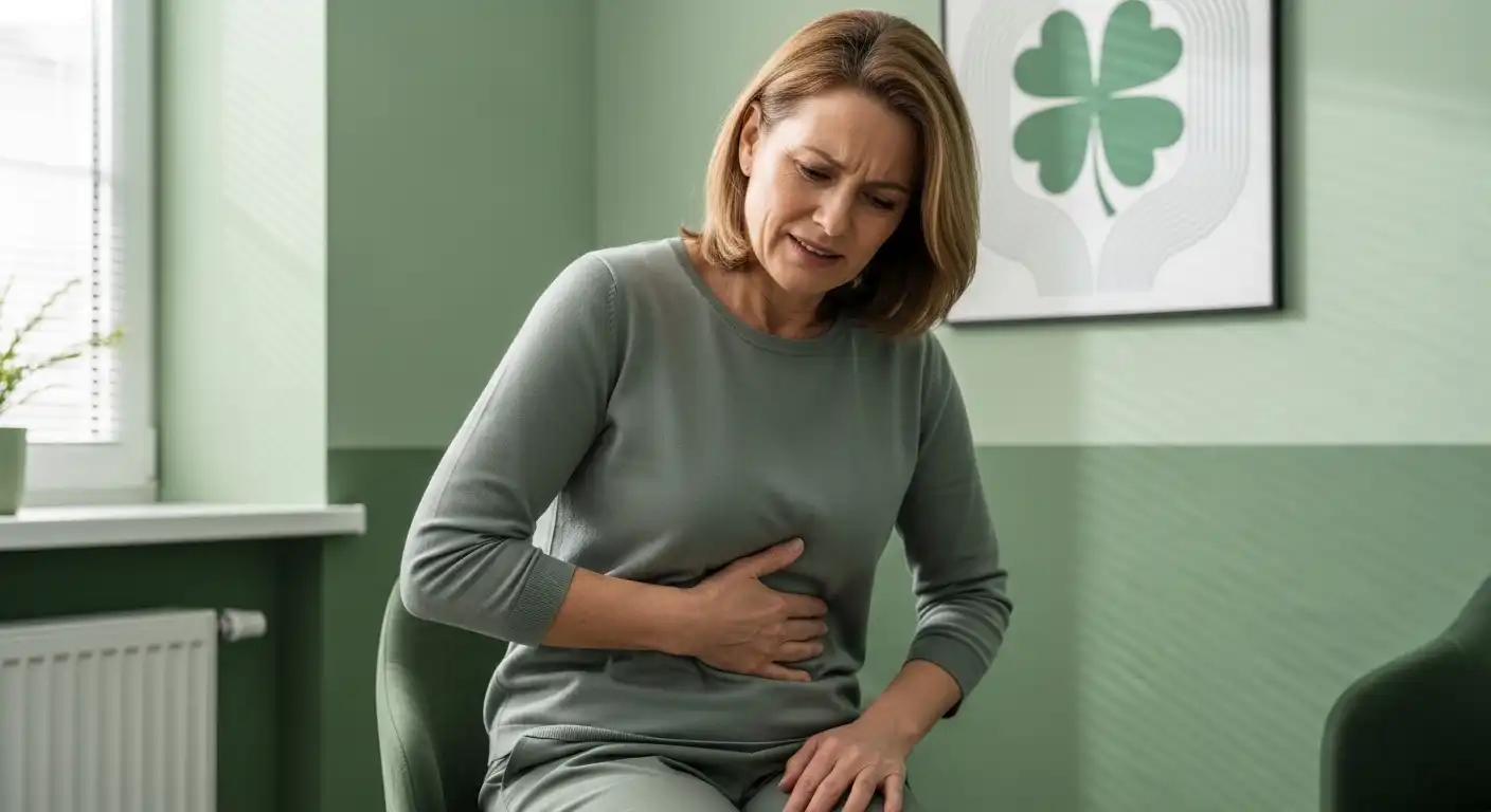 Middle-aged woman holding her upper right abdomen in discomfort indicating gallbladder pain