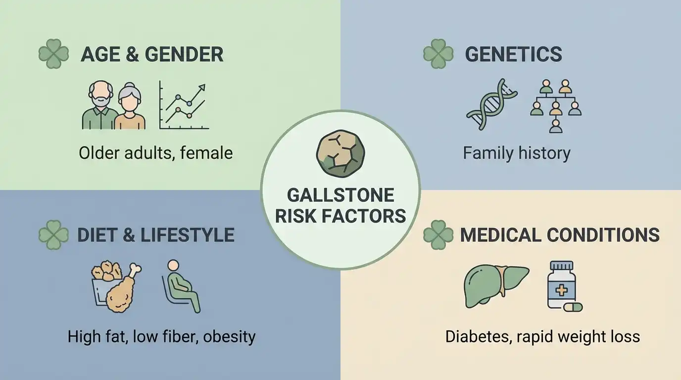 Modern infographic showing gallstone risk factors including age, gender, genetics, and diet in soft green tones with four-leaf clover icons