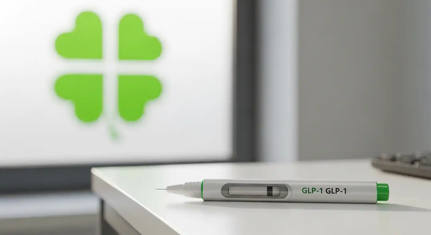 Close-up of a GLP-1 weight-loss injection pen on a modern clinical desk with green accents and four-leaf clover